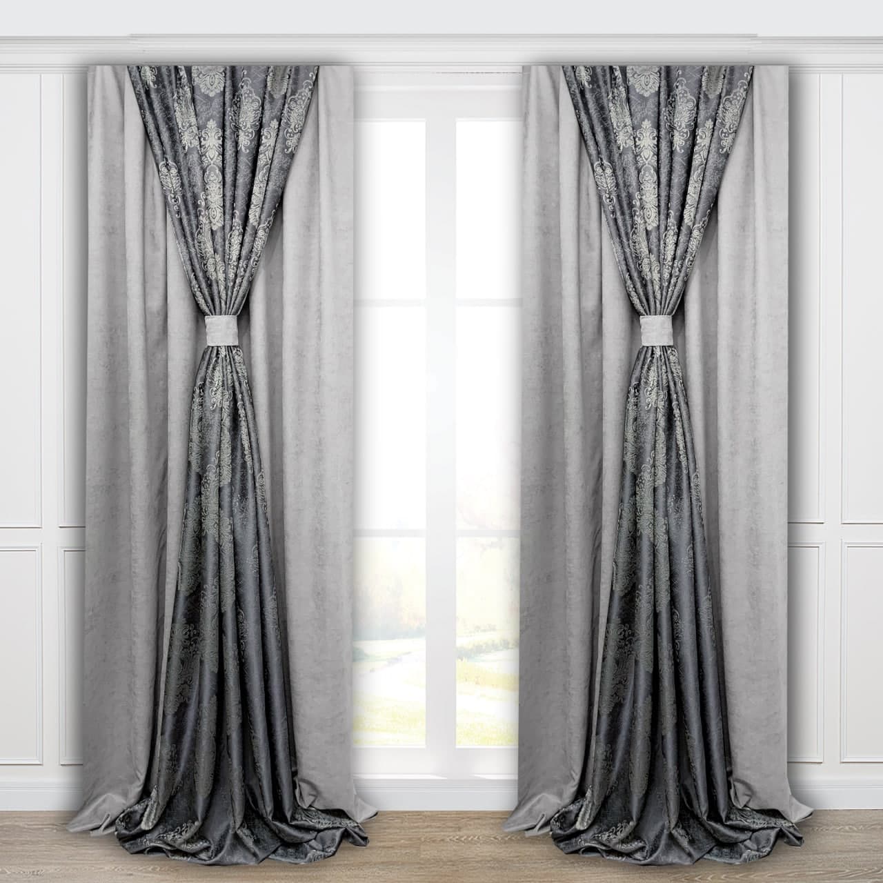 

Шторы плотные Adagio Windows Decor Классик из жаккарда с вышивкой в сером цвете 150х270 см (4 шторы), комплект штор для зала