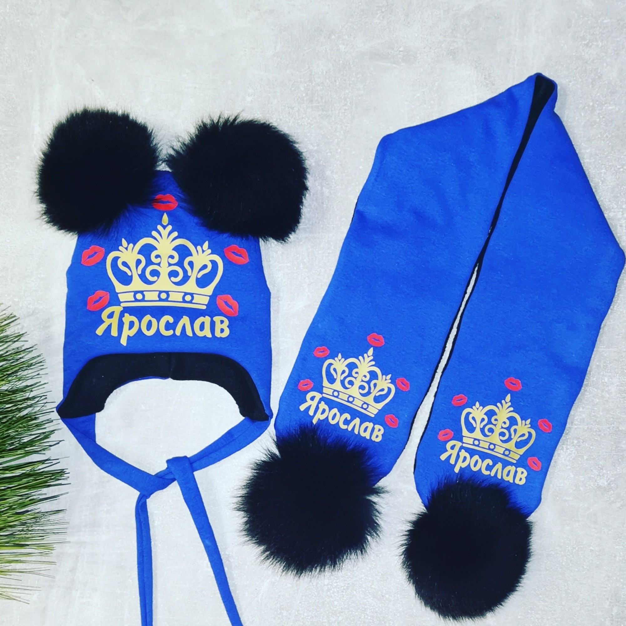 

Зимний набор шапочка и шарф Amika_brand с любой надписью размер 52-54 синий 0132