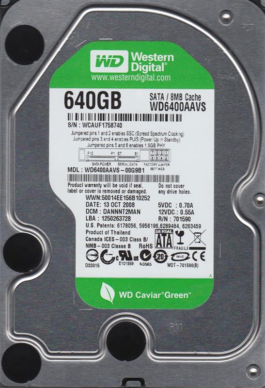 

Накопитель HDD SATA 640GB WD Caviar Green 7200rpm 8MB (WD6400AAVS) Refurbished
