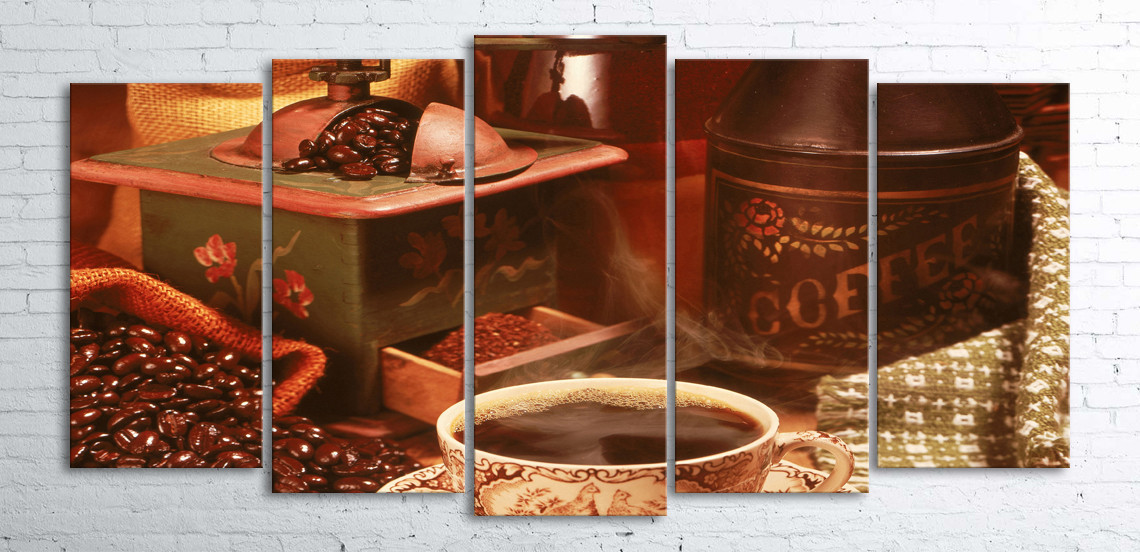 

Модульная картина на холсте 5 в 1 Кофе и зерна 100х200 см (секции разного размера)