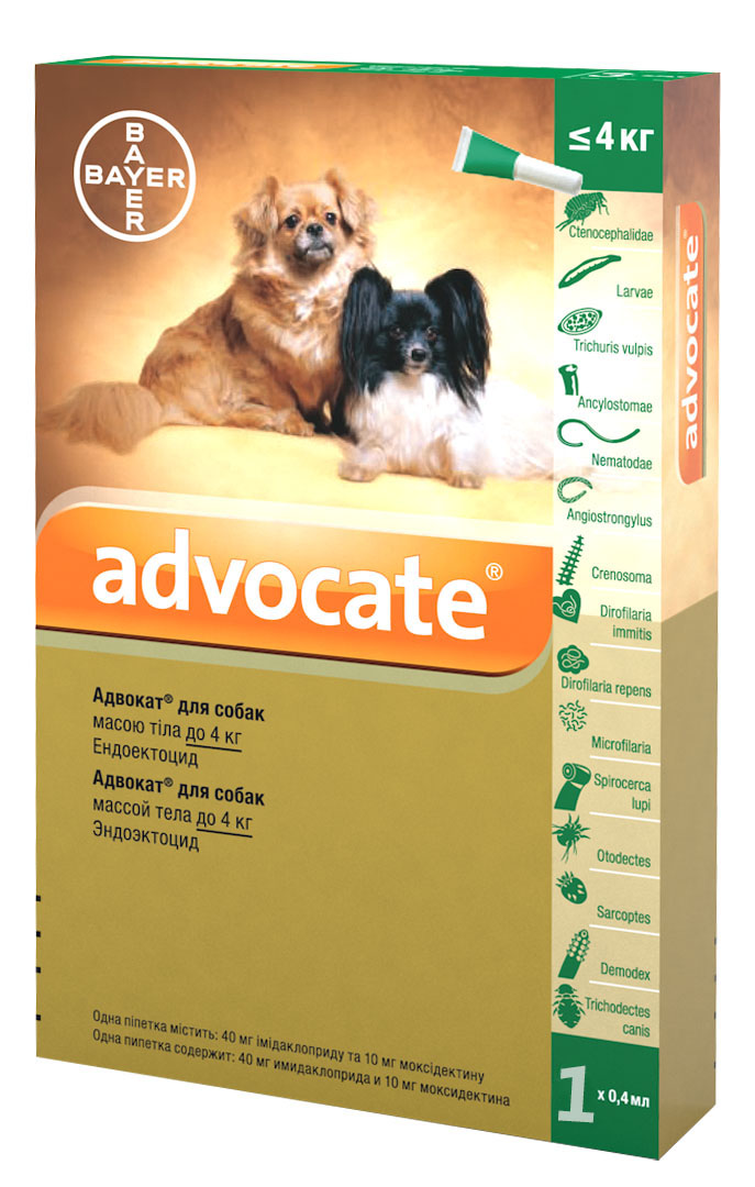 

Капли от глистов и блох для собак весом до 4 кг Advocate 1 пипетка Bayer BGL-BY-19