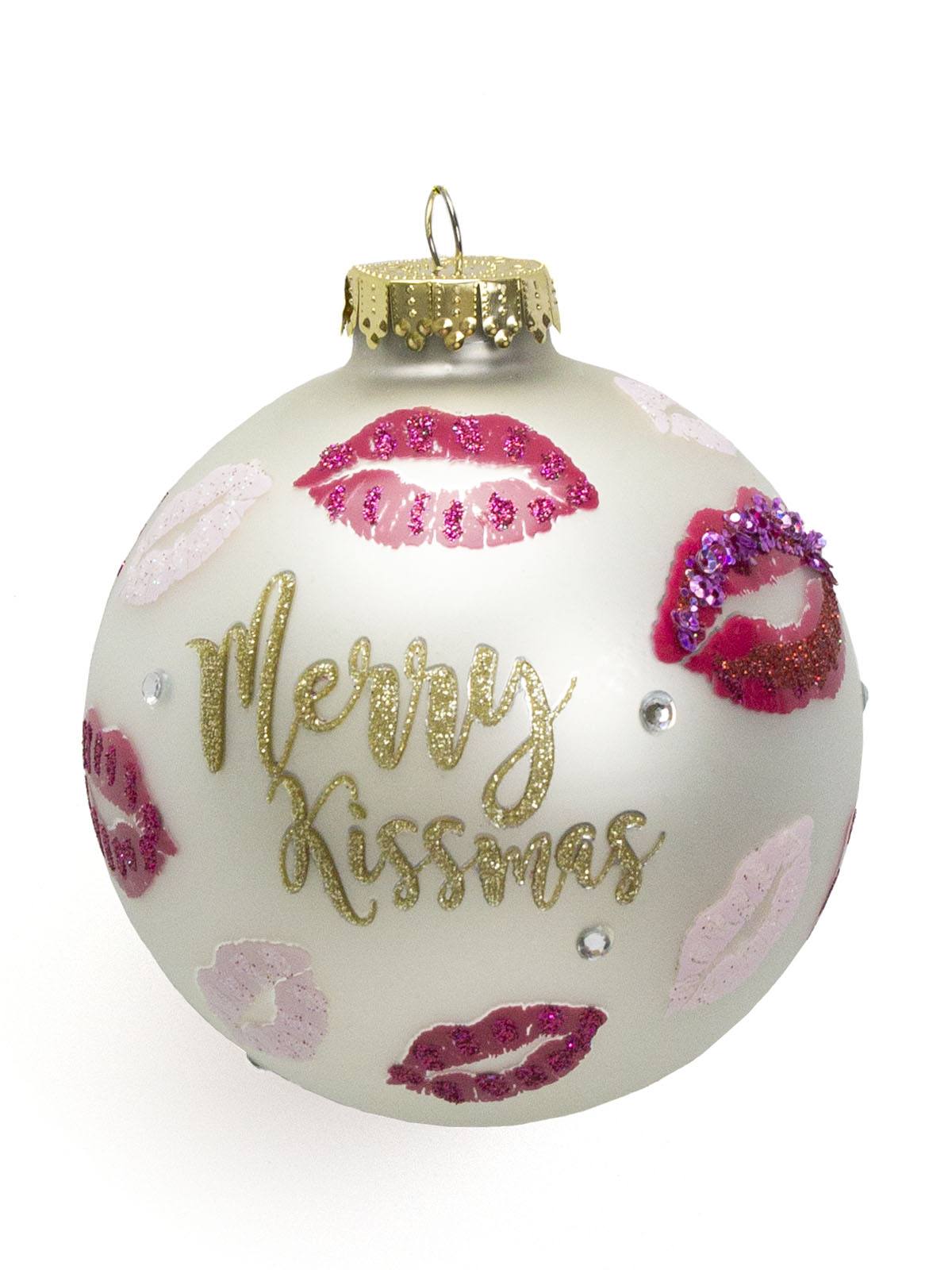 

Шар стеляный новогодний Vetur Поцелуй Merry Christmas, d-10см, белый, малиновые губы