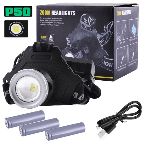 

Фонарь аккумуляторный налобный Headlighghts T50Pro-HP50 LED zoom c функцией power bank 5 режимов работы з/у microUSB Черный