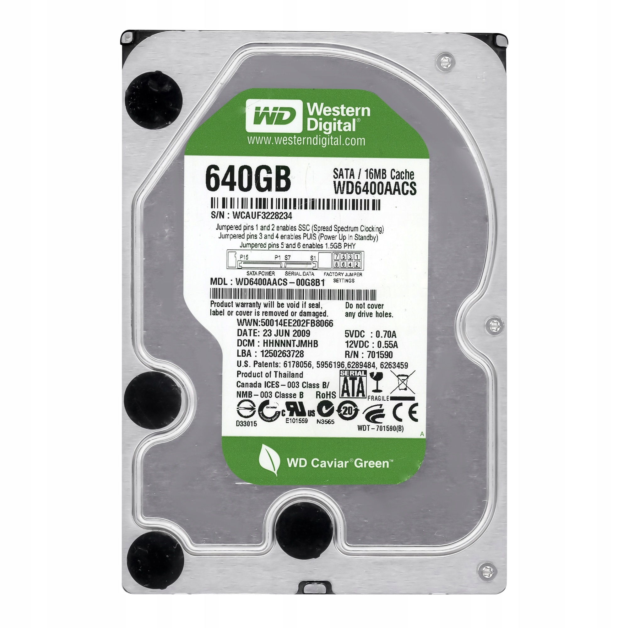 

HDD SATA 640GB WD Caviar Green 7200rpm 16MB (WD6400AACS) Refurbished