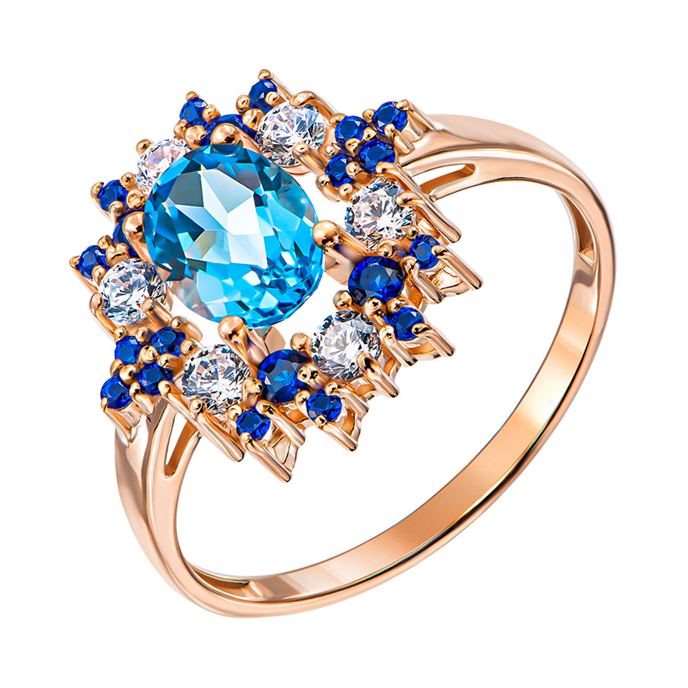 

Кольцо из красного золота с голубым топазом, синими и белыми фианитами 000137319 17 размера