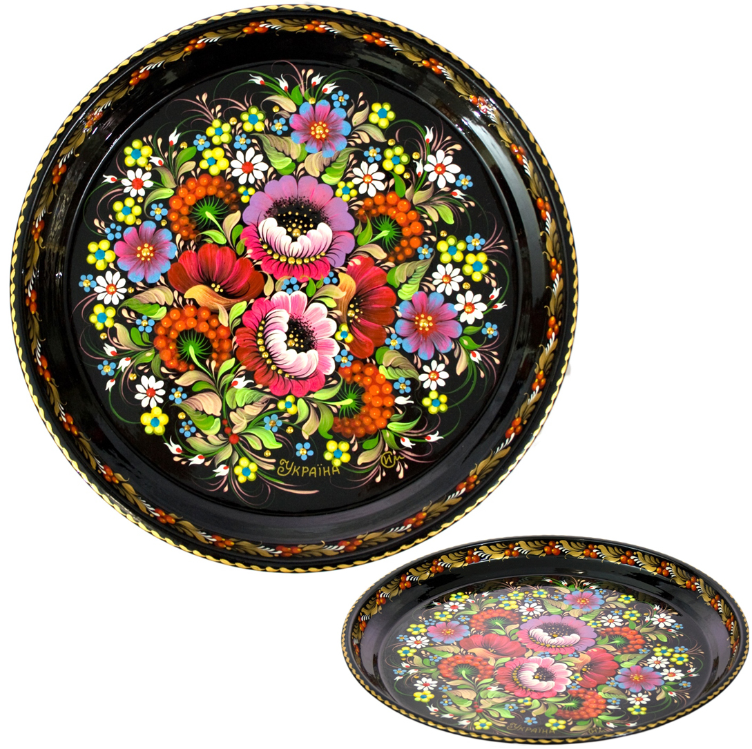 

Круглый глубокий поднос с мальвами в калине HandMade Present Ручная работа