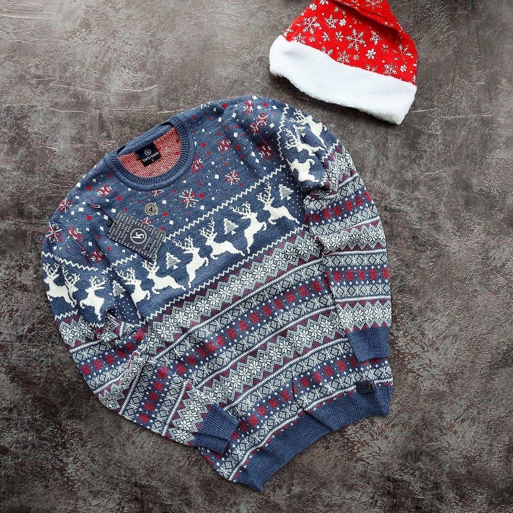

Женский новогодний свитер BonaDi с оленями oversize L/XL голубой