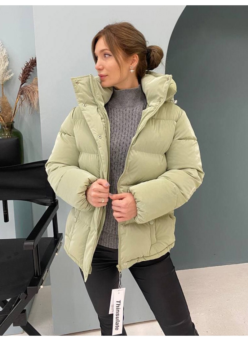

Пуховик женский зимний дутый с кнопками впереди глянцевый Modern Boutique оливковый, one size ПУХ096/1