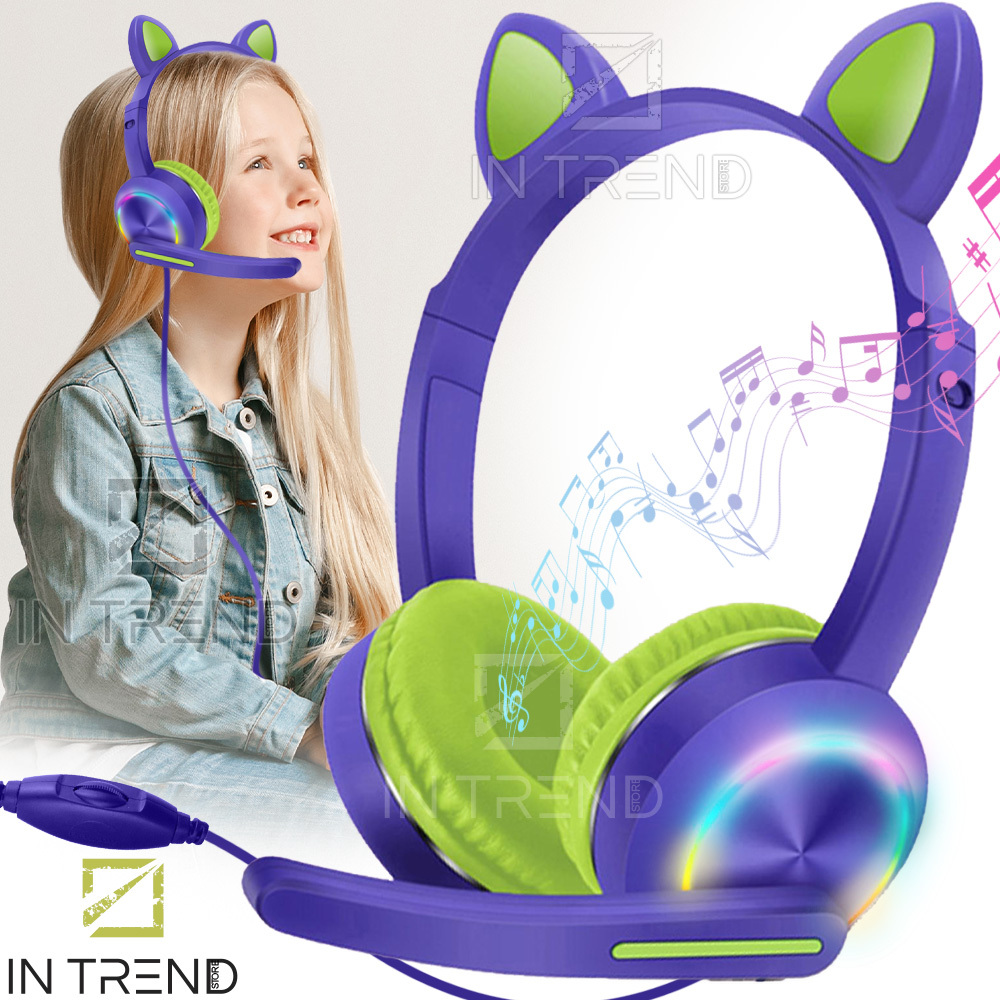 

Наушники проводные детские с микрофоном Cat ear headphones AKZ-020 с кошачьими ушками подсветкой и регулятором громкости / Фиолетовый