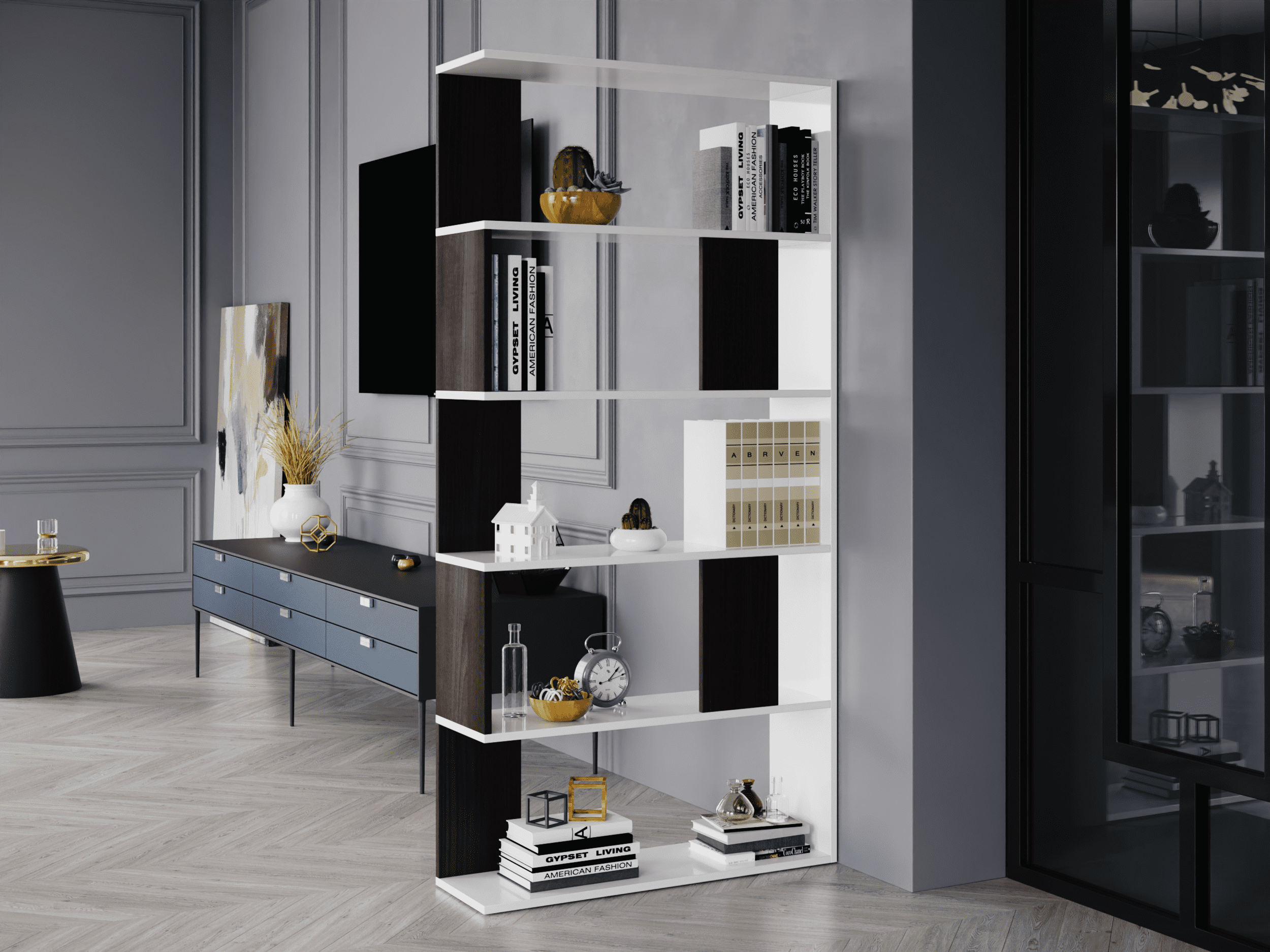 

Полка для книг, стеллаж для дома на 5 ячеек VHRD 1626х800х236 мм Белый + Венге Тёмный (VH-7_B+V)