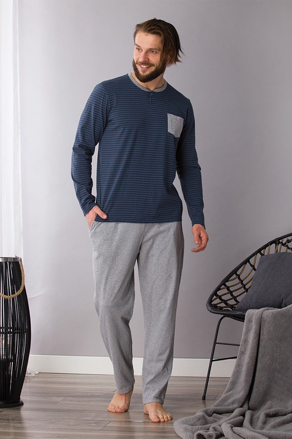 

Пижама мужская Key прямые брюки и кофта с длинными рукавами 2XL Синий с серым MNS 343 B21