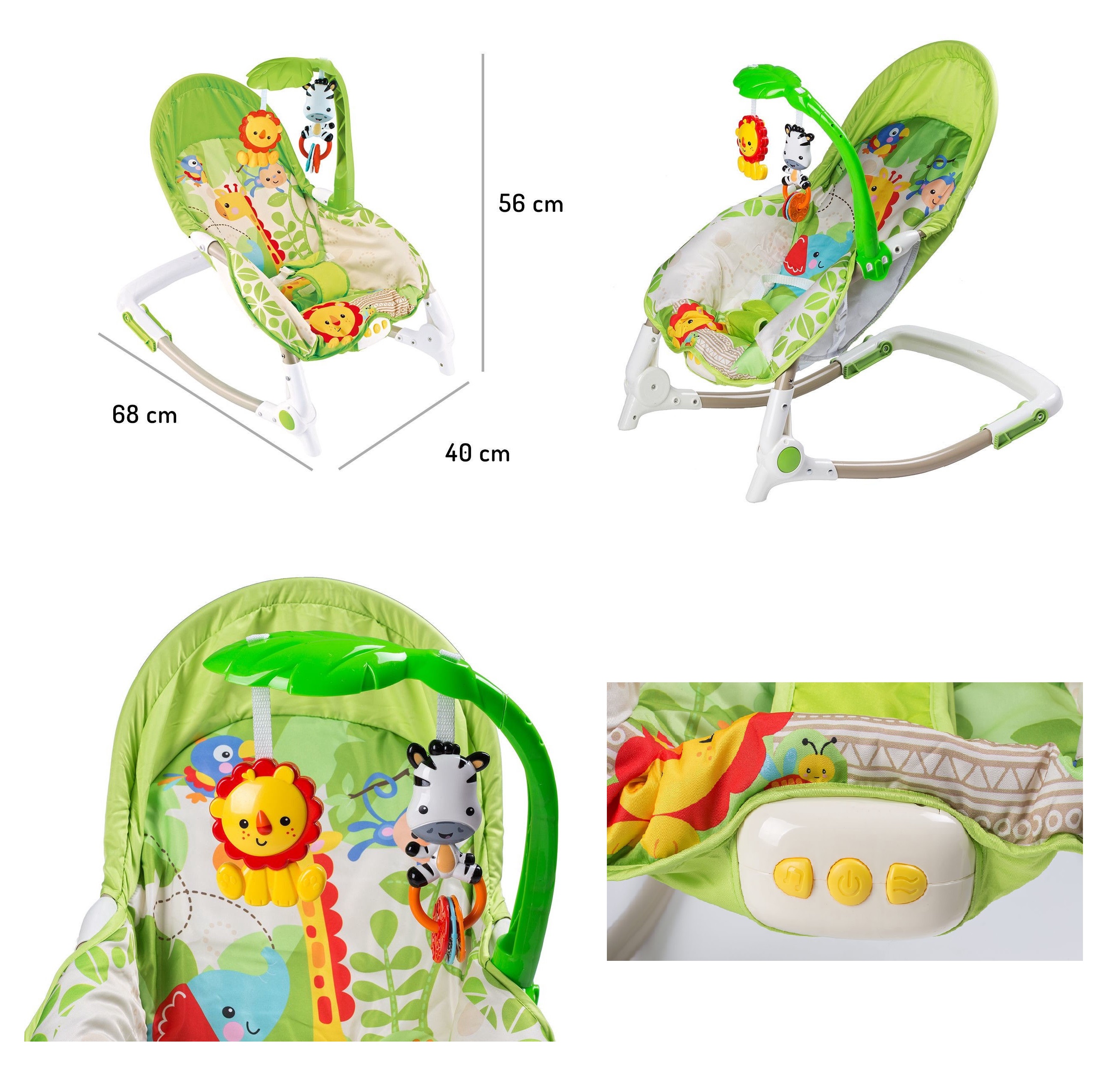 

Дитячий шезлонг-гойдалка 88945 0-15кг вібрац.муз.кор.54*11*38