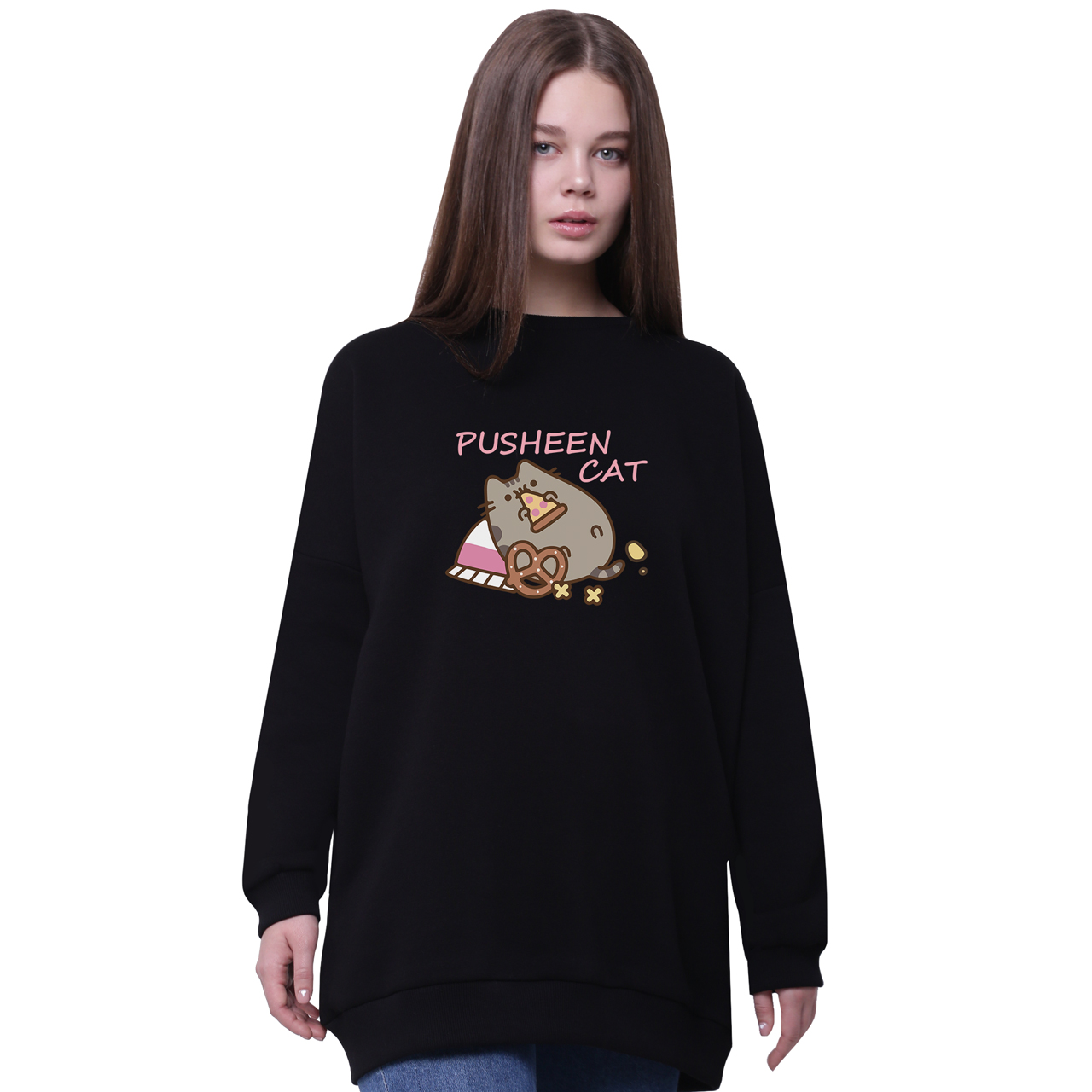 

Свитшот для девочек удлиненный Кот Пушин (Pusheen Cat) Черный (35963-3347-5) 158 см