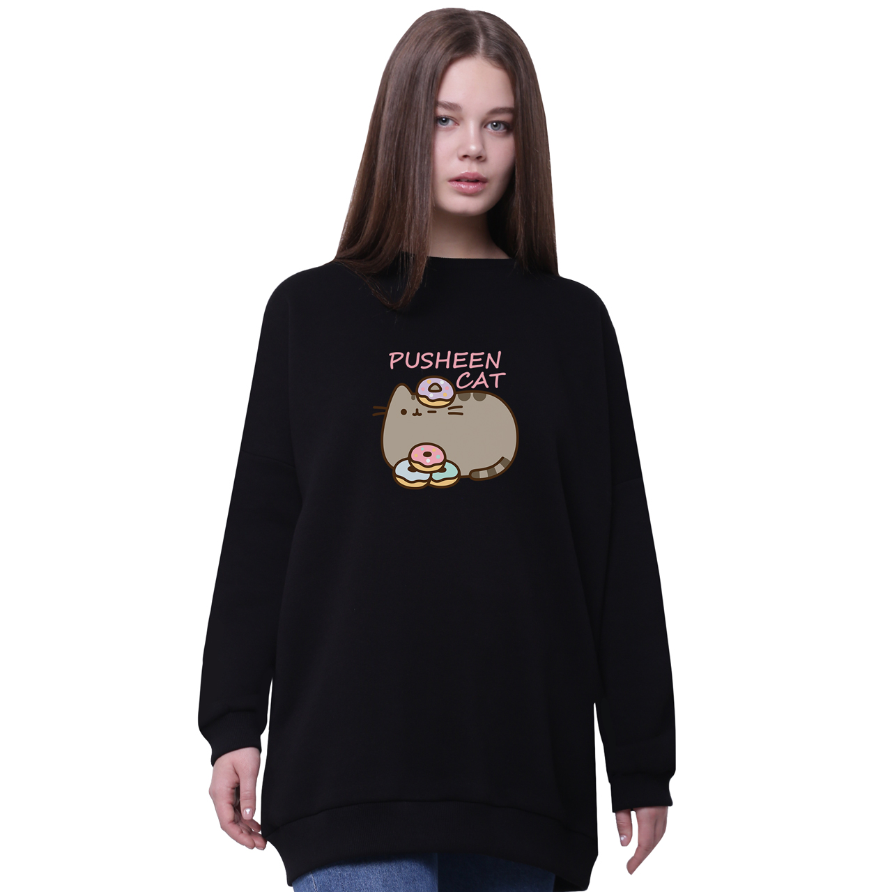 

Свитшот для девочек удлиненный Кот Пушин (Pusheen Cat) Черный (35963-3346-3) 146 см