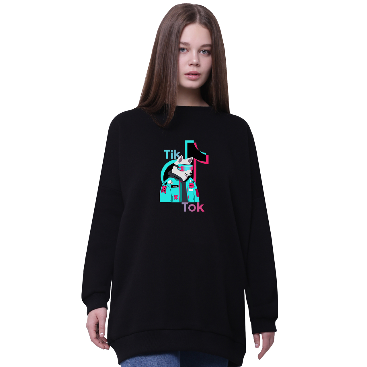

Свитшот для девочек удлиненный Волк ТиТок (Wolf TikTok) Черный (35963-1645-7) 170 см