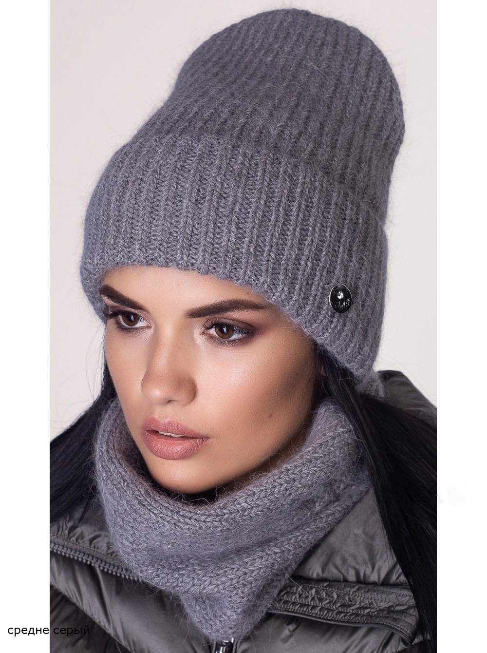 

Комплект Марта - женская шапка с отворотом и снуд из Пуха норки Средне-серый 53-57р