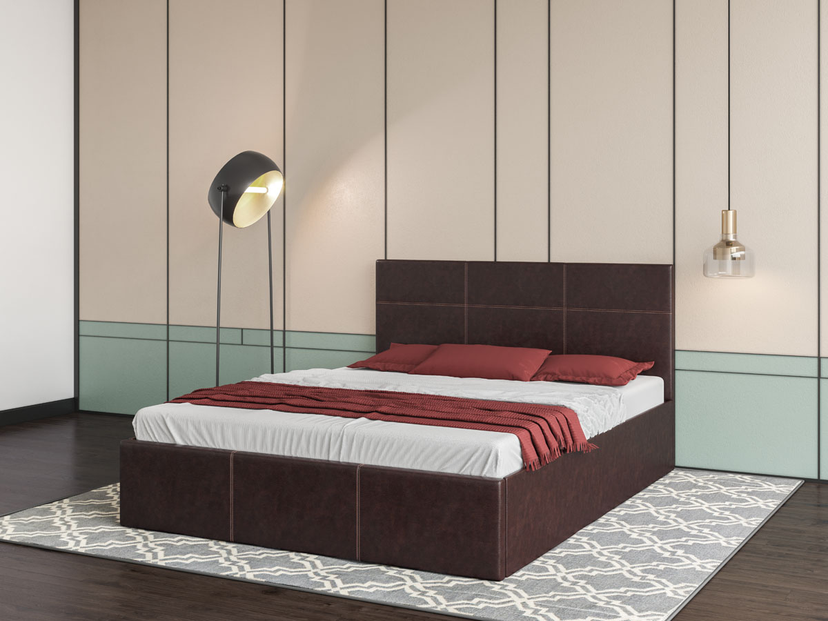 

Кровать двуспальная из ДСП с мягким изголовьем 160x200 Каролина 5 искусственная кожа Madrid коричневый Світ Меблів с подъемным механизмом и каркасом (без матраса)