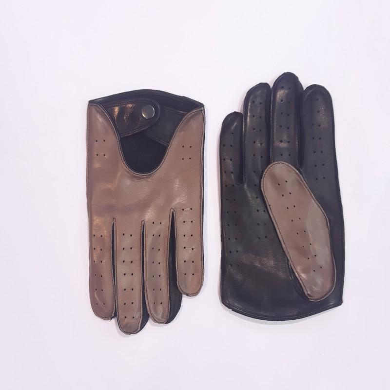 

Мужские перчатки для вождения кожаные GlovesUA мод.275 р.8,5 светлый тауп /черный (шов наружу, без отв)