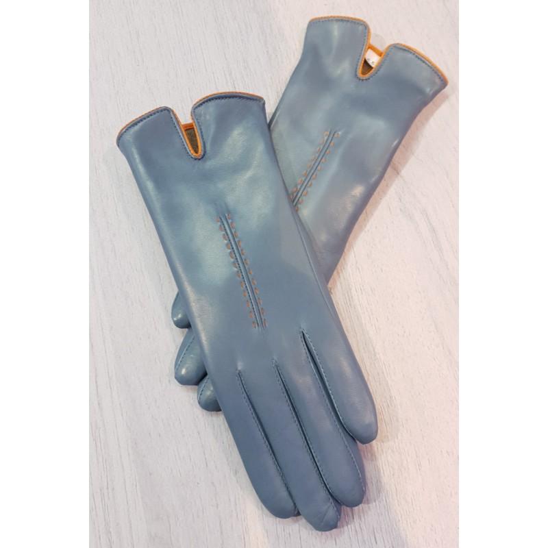 

Женские кожаные перчатки GlovesUA мод.407 р.8,5 голубые без ремешка с оранжевой окантовкой