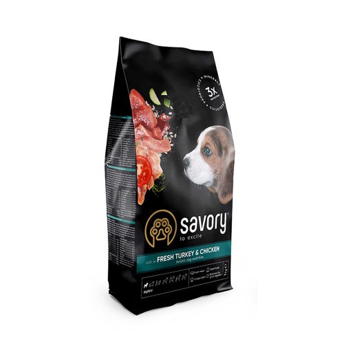 

Сухой корм для щенков Savory, со свежим мясом индейки и курицей, 1 кг