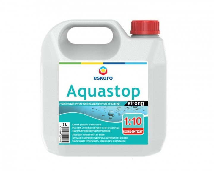 

Грунтовка глубокопроникающая Eskaro Aquastop Strong 3 л - Укрепляющая, защищает поверхность от влаги, концентрат