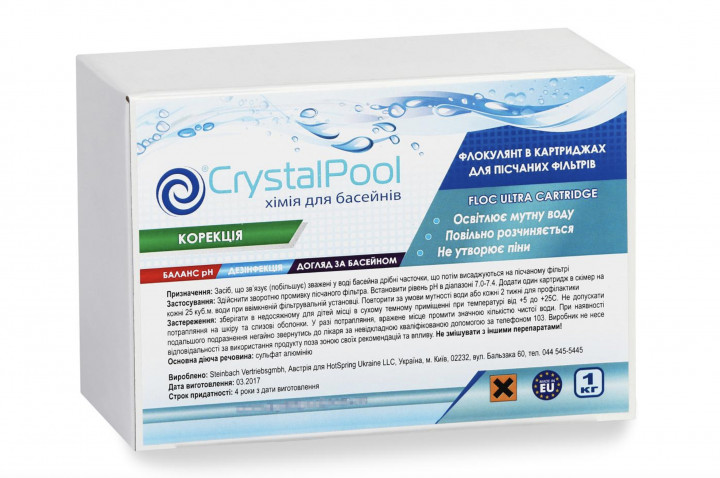 

Химия для бассейна Crystal Pool Floc Ultra Cartridge 1 кг - Средство для флокуляции и коагуляции взвесей в воде бассейна