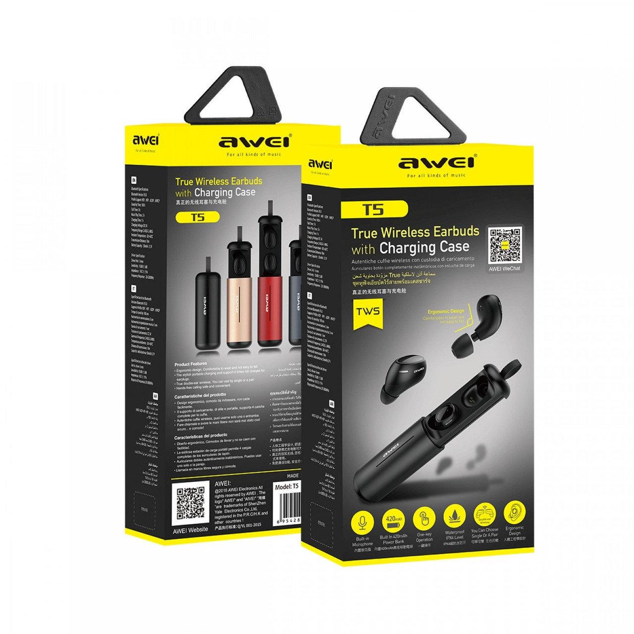 

Наушники с кейсом MDR T5 + BT AWEI, Беспроводные наушники с зарядным боксом, Влагозащитные наушники гарнитура