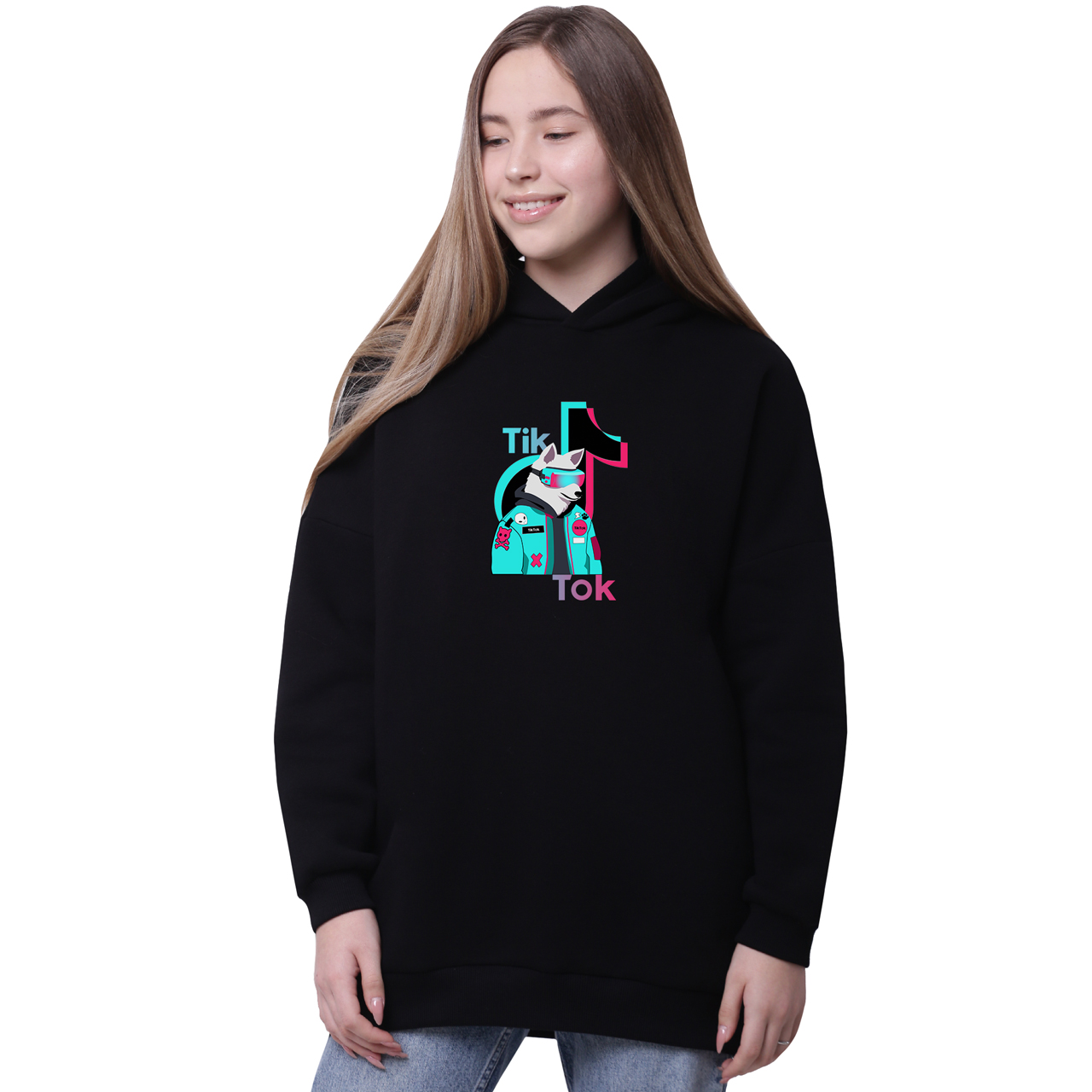 

Худи для девочек удлиненный Волк ТиТок (Wolf TikTok) Черный (35962-1645-8) 176 см