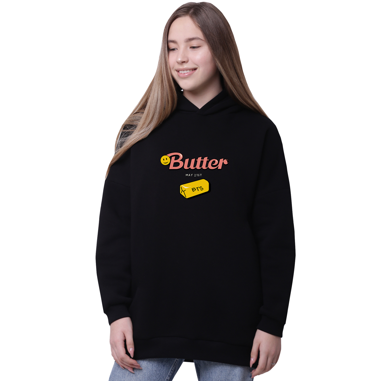 

Худи для девочек удлиненный БТС (Butter BTS) Черный (35962-3257-2) 140 см