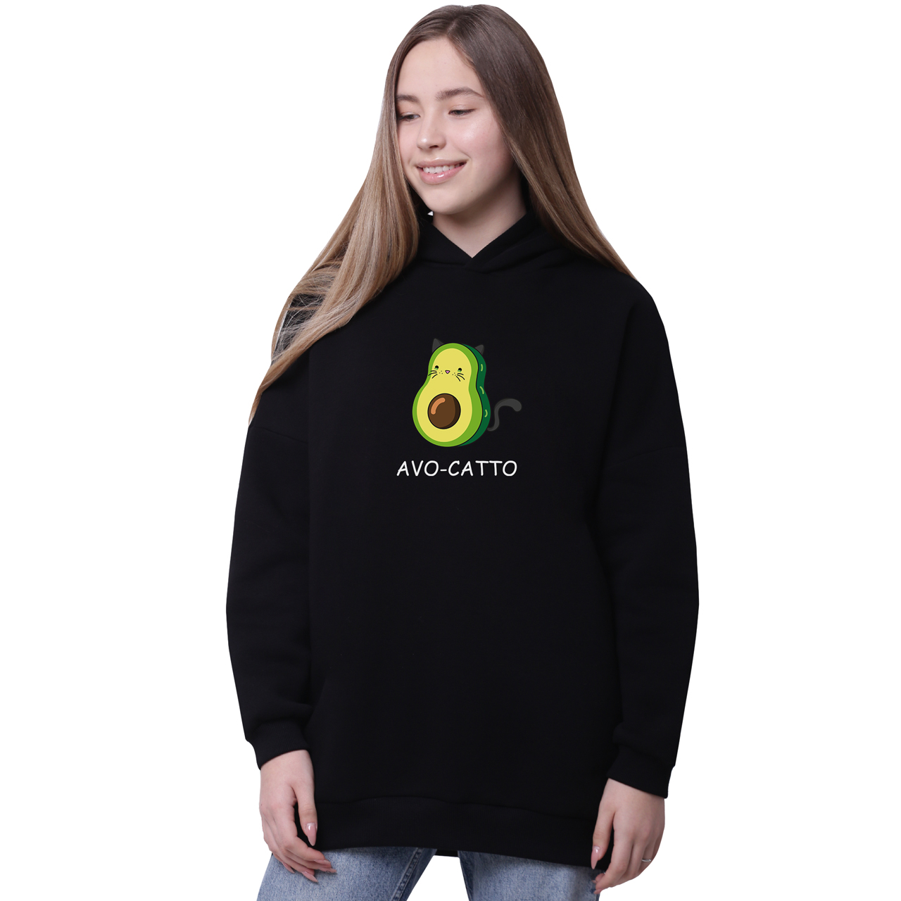 

Худи для девочек удлиненный Авокадо Котик (Avo-Catto) Черный (35962-1372-5) 158 см