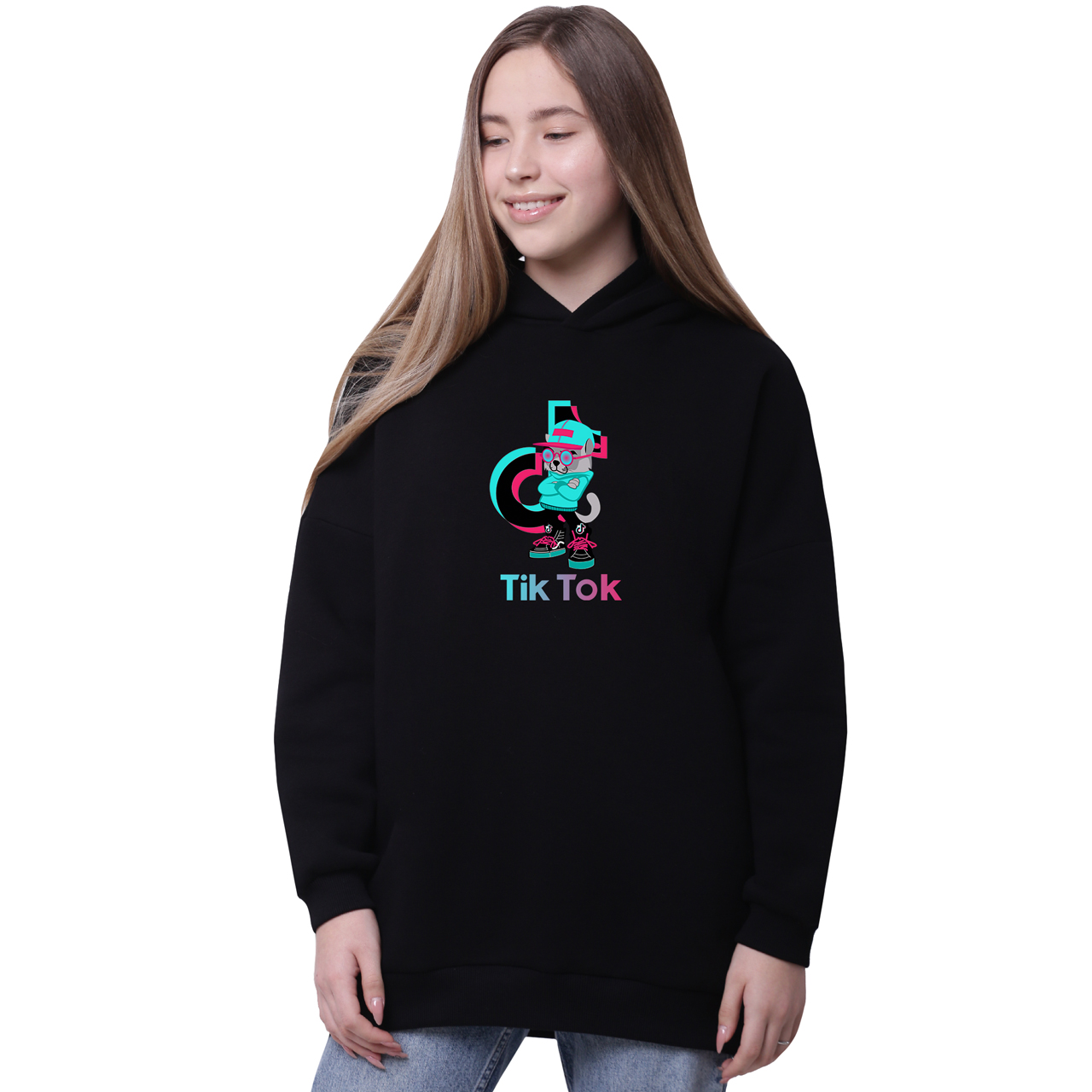 

Худи для девочек удлиненный Кот ТикТок (Cat TikTok) Черный (35962-1644-1) 134 см