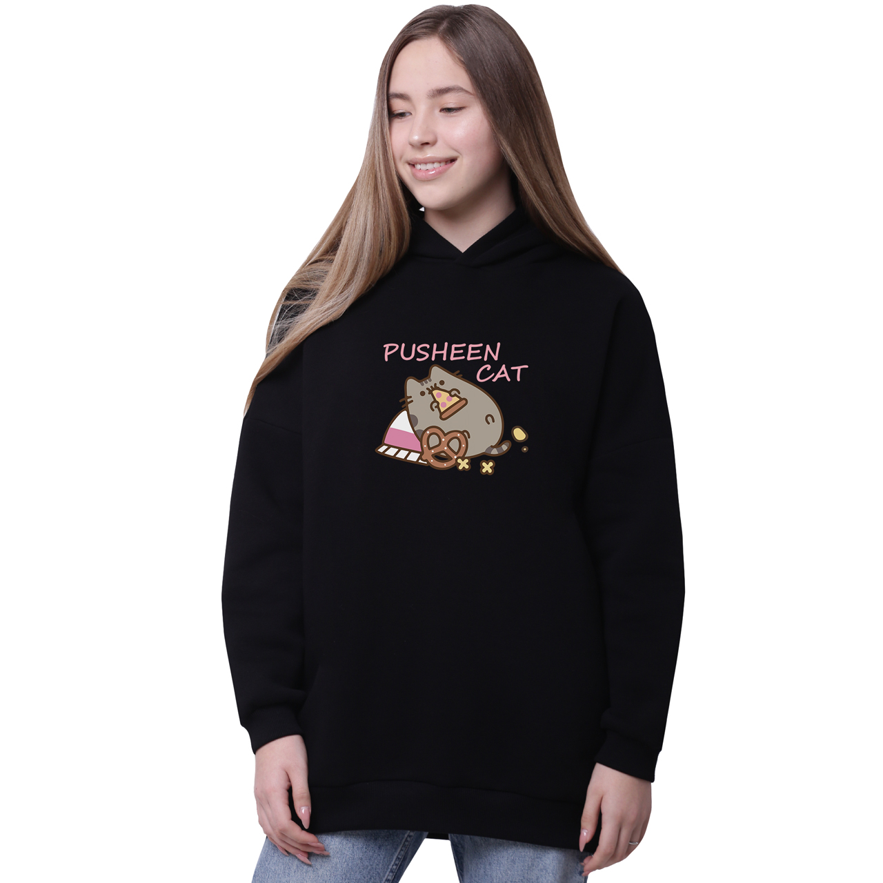 

Худи для девочек удлиненный Кот Пушин (Pusheen Cat) Черный (35962-3347-3) 146 см