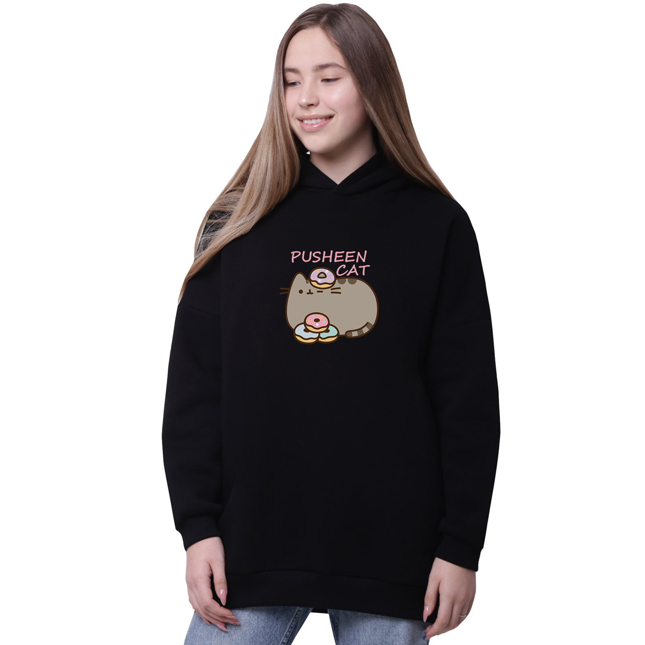 

Худи для девочек удлиненный Кот Пушин (Pusheen Cat) Черный (35962-3346-3) 146 см