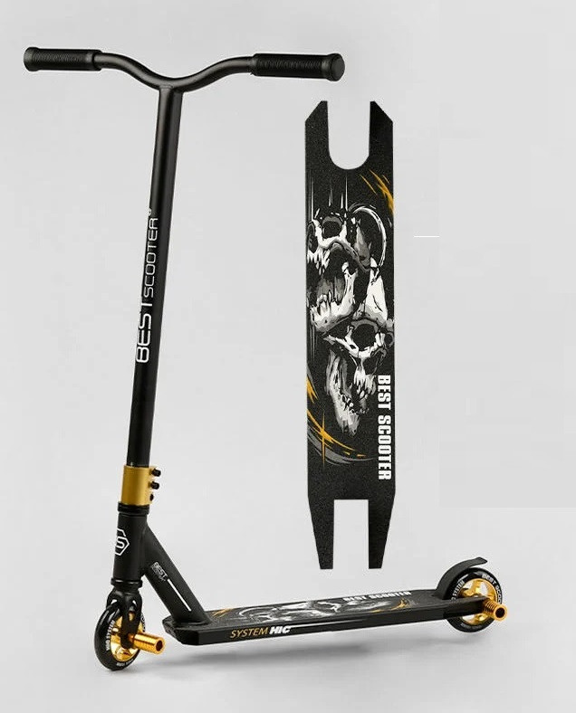 

Самокат трюковый Best Scooter двухколесный колеса 100 мм Черно-золотой на АЛЮМИНИЕВЫХ ДИСКАХ с ПЕГАМИ (273355)