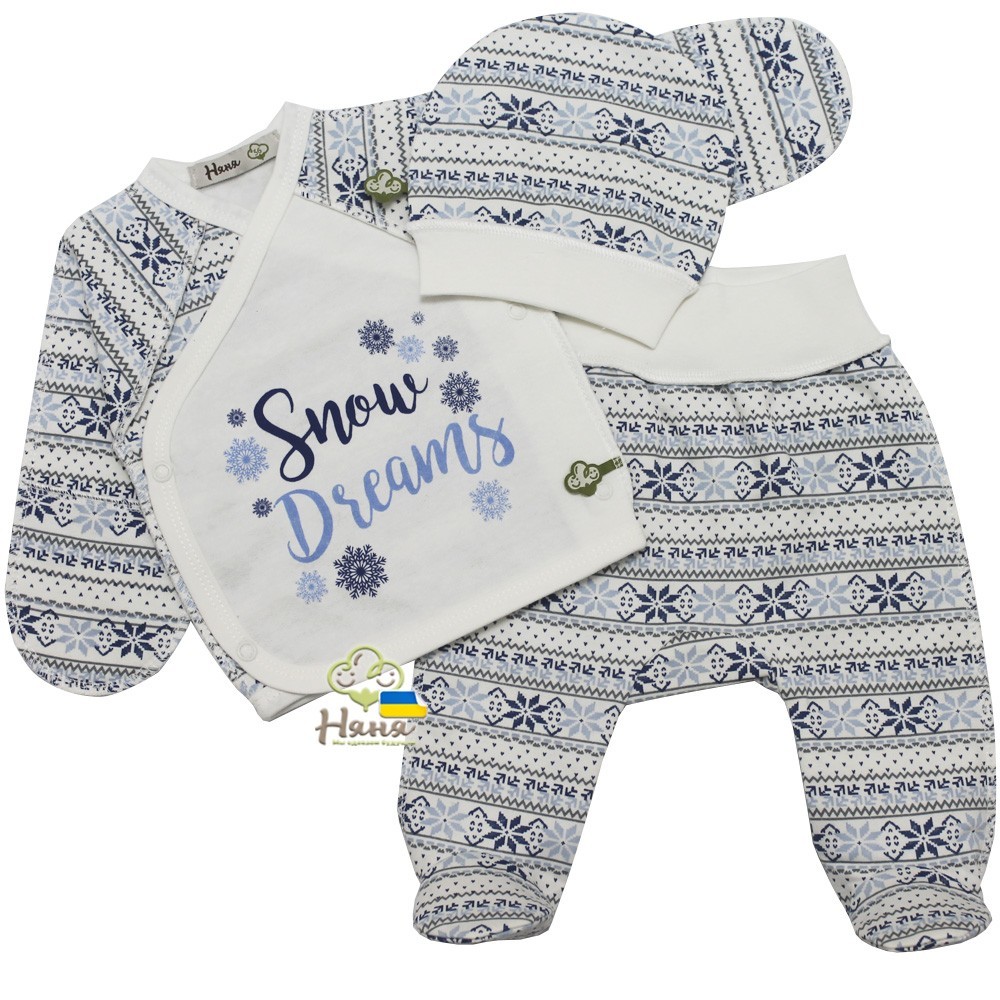 

Комплект распашонка, ползунки и шапка Няня Скандинавия 56 размер синий, молочный