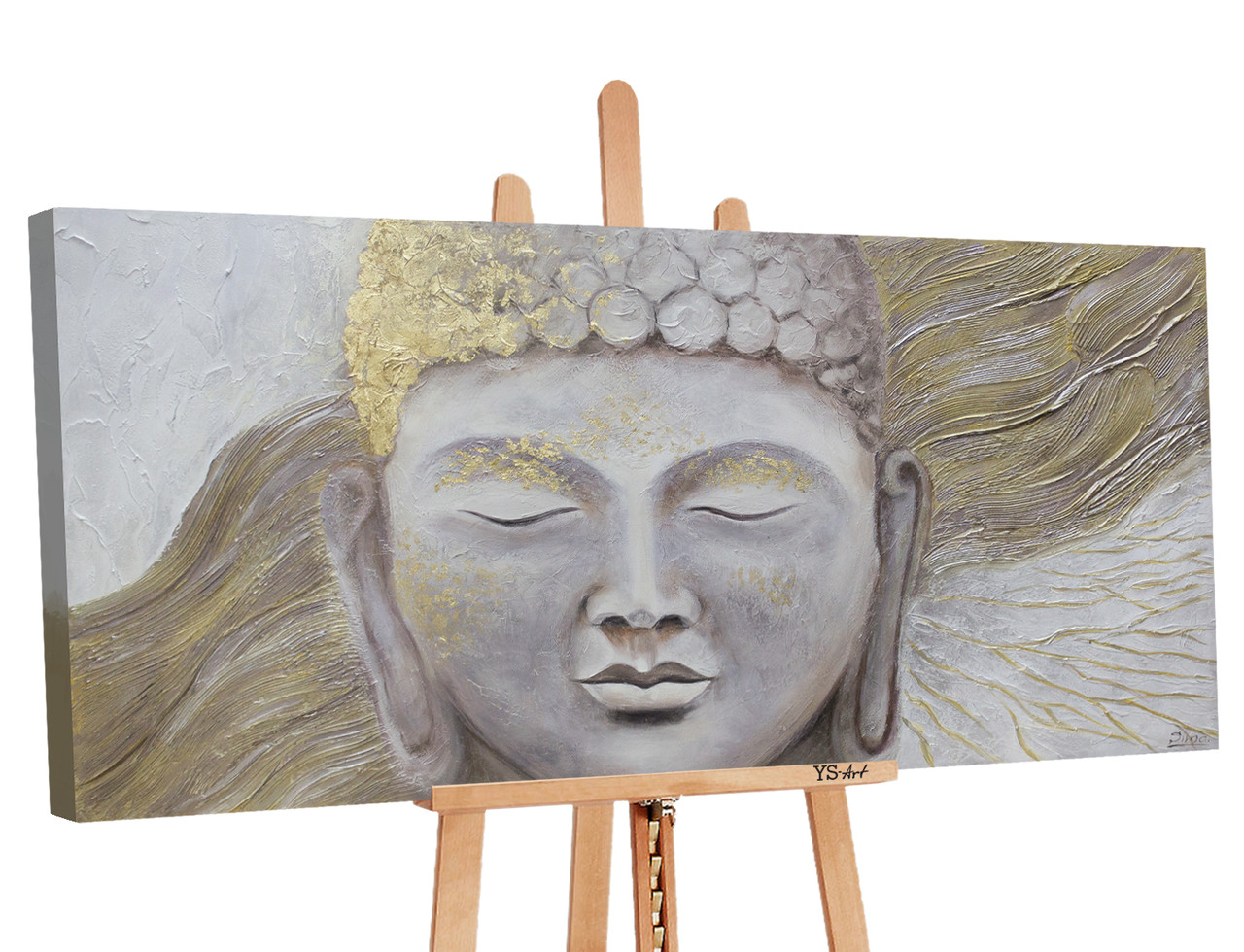 

Картина ручной работы c Буддой в светлых тонах, акриловыми красками на холсте, «Просветление», 140×70 см