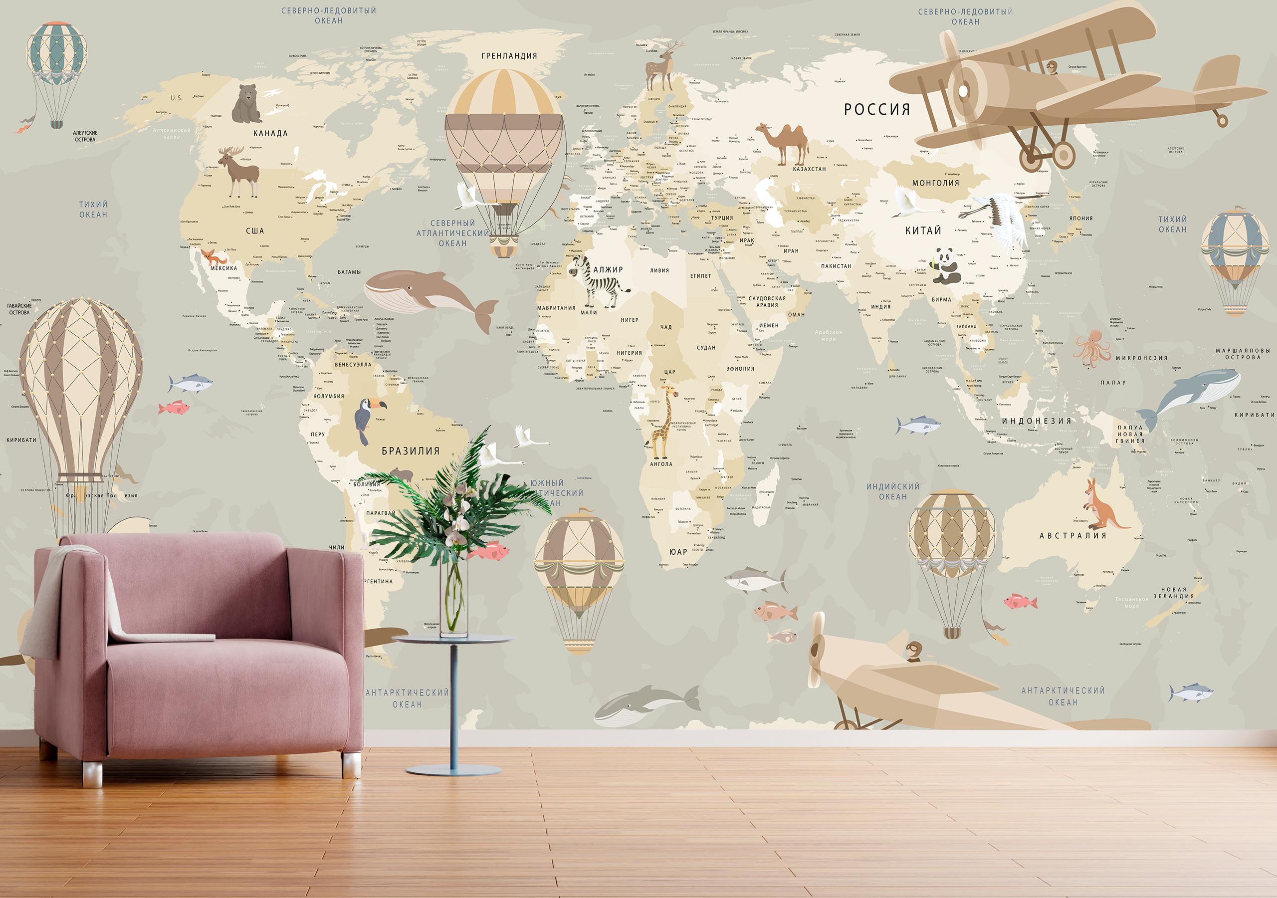 

Виниловые Фотообои Walldeco Карта мира и самолёты 200x130 Фреска