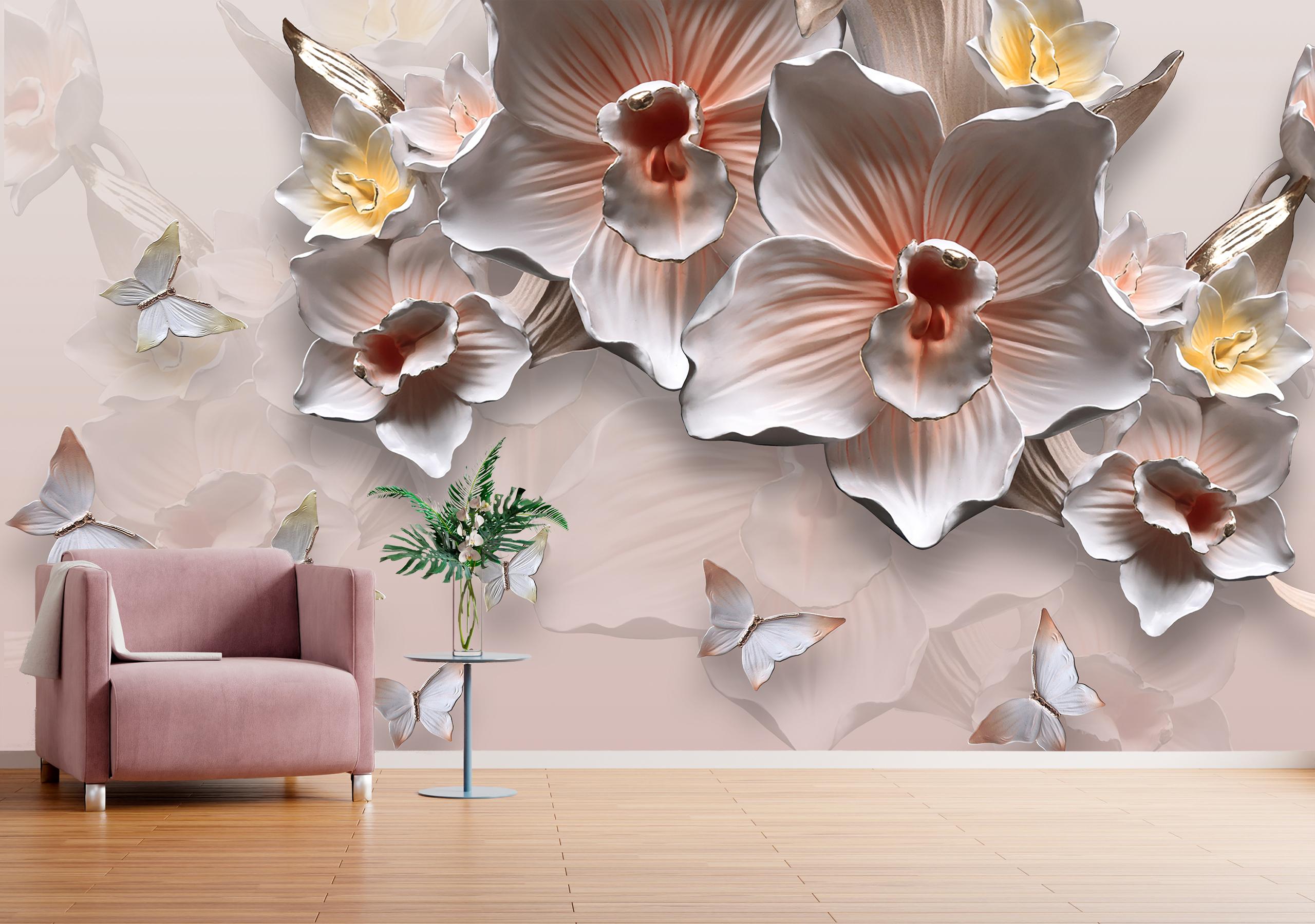 

Виниловые Фотообои Walldeco Орхидеи и бабочки, барельеф 300x200 Жаккард