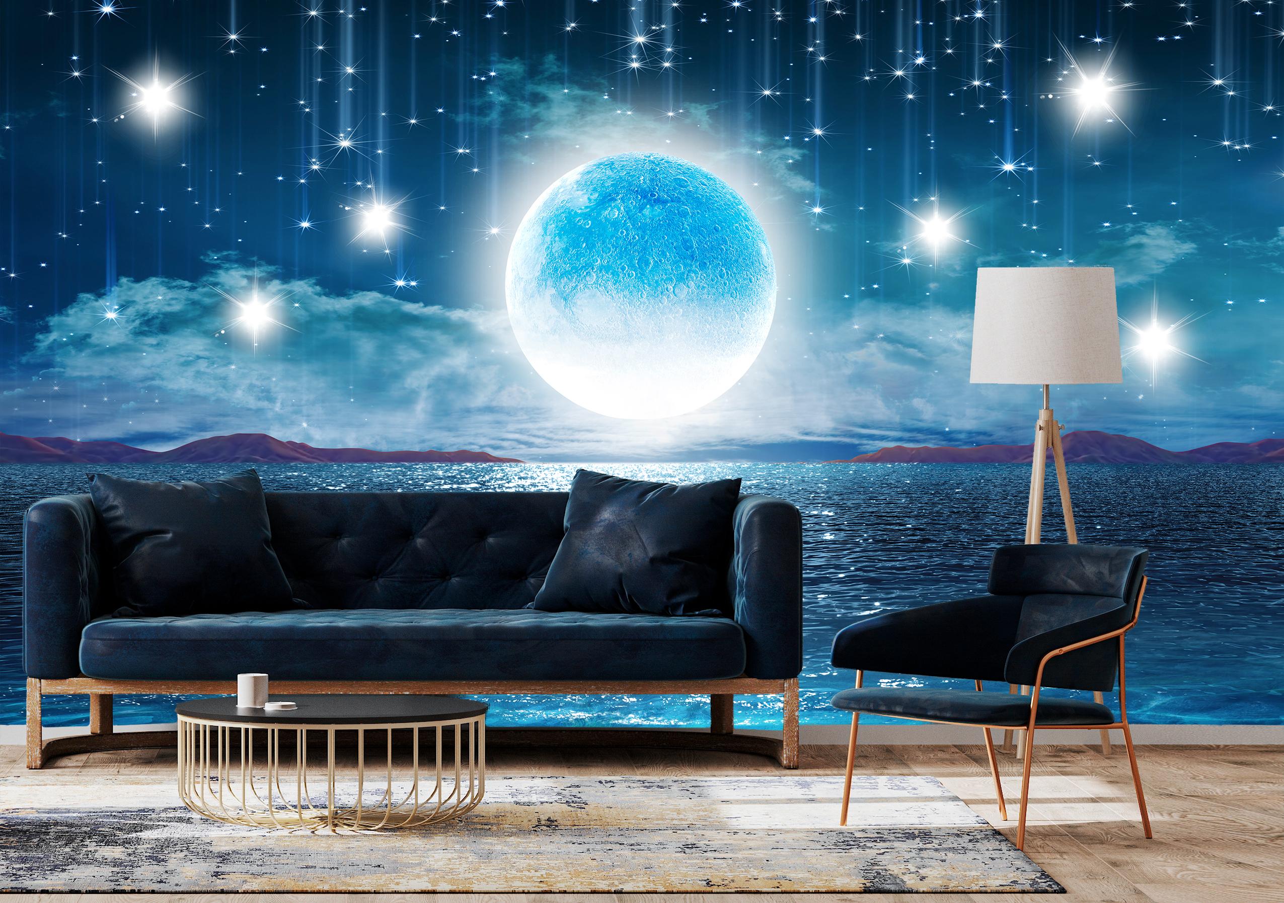 

Виниловые Фотообои Walldeco Луна, звёзды и море 200x130 Мелкий песок с блестками