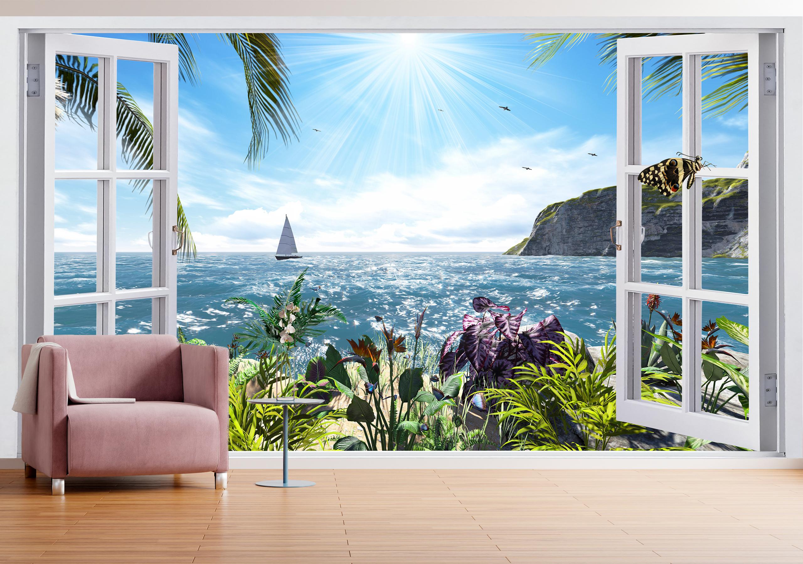 

Флизелиновые Фотообои Walldeco Вид из окна на море и горы 300x200 Бриз