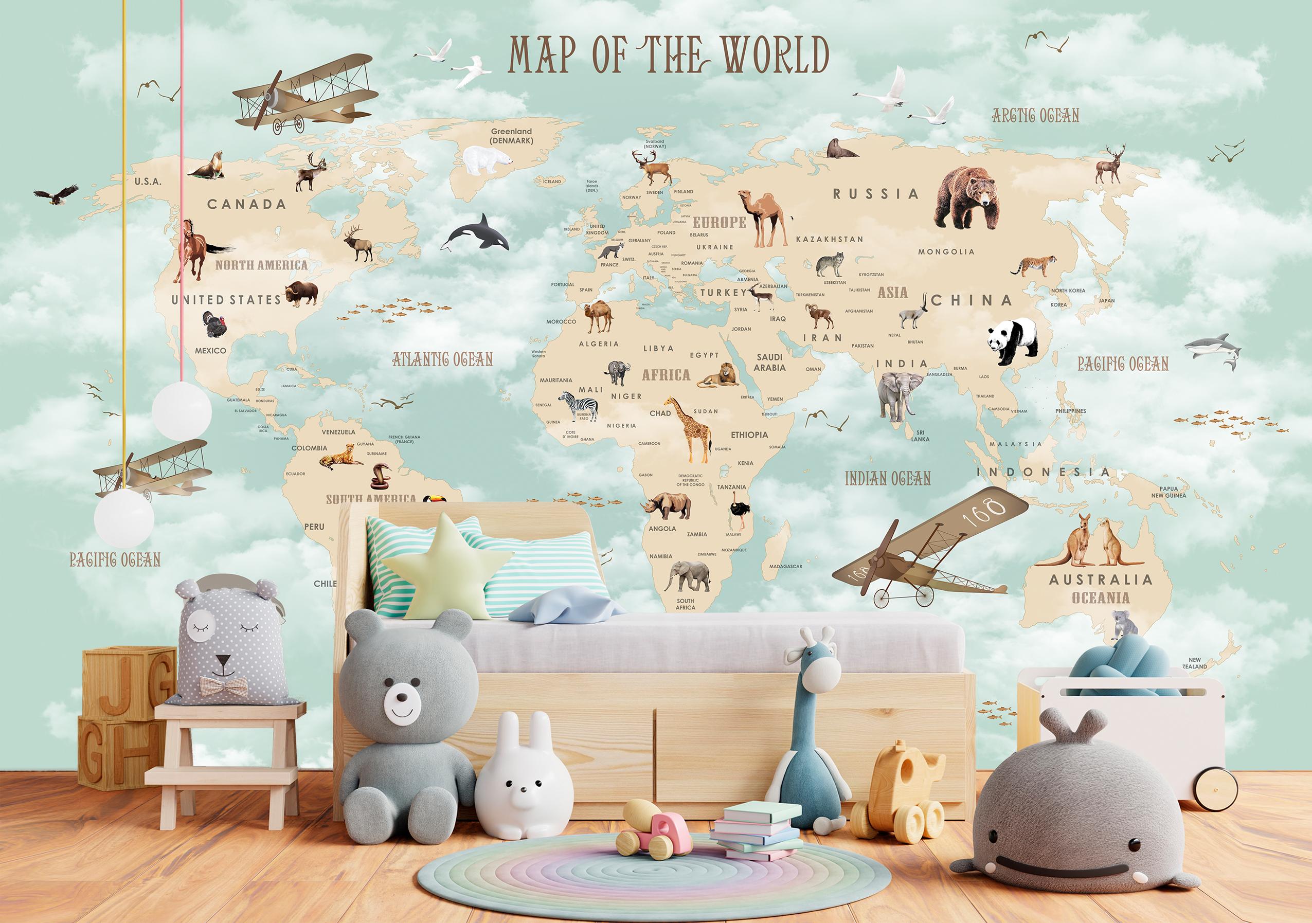 

Флизелиновые Фотообои Walldeco Детская карта мира 380x250 Бриз