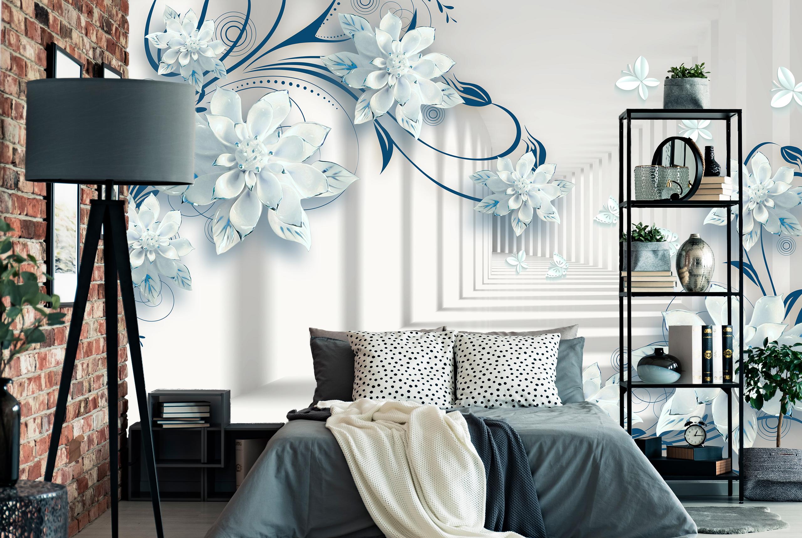 

Виниловые Фотообои Walldeco 3Д коридор и голубые цветы 300x200 Диамант