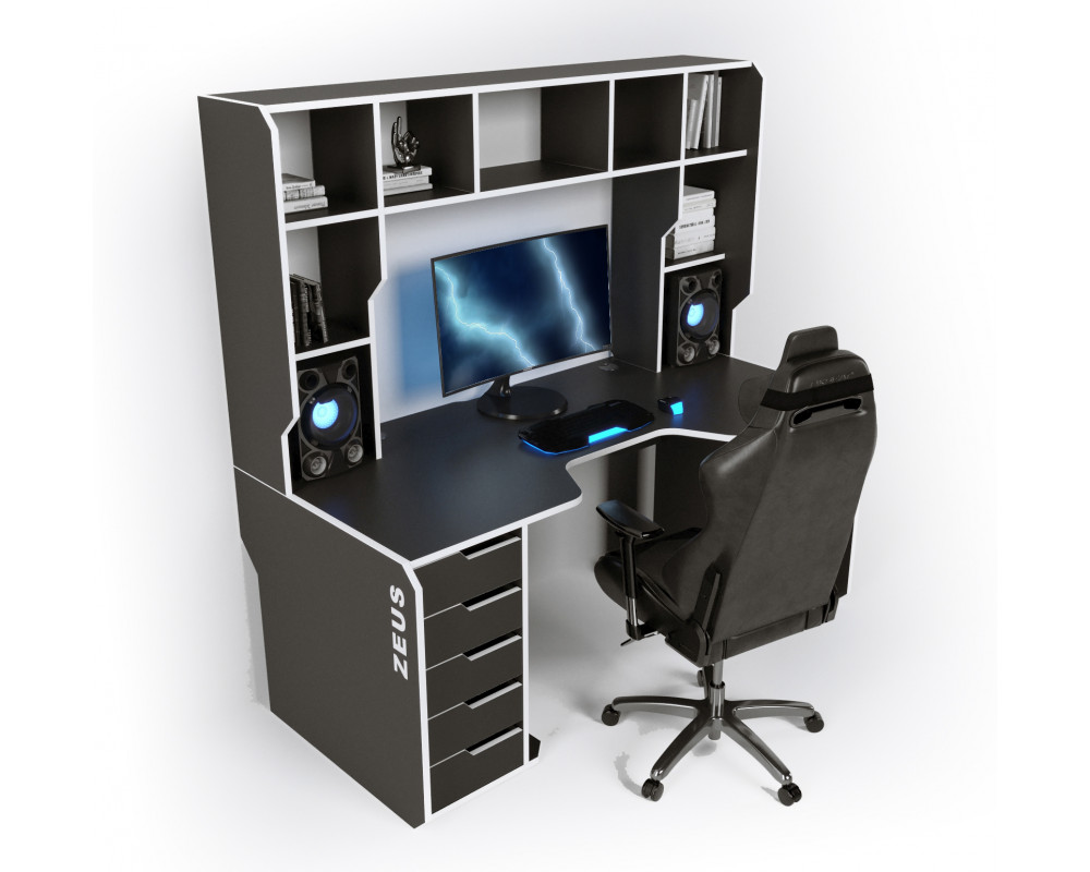 

Геймерский эргономичный стол ZEUS™ Viking-3L, 180х92 (87) см, белый/черный