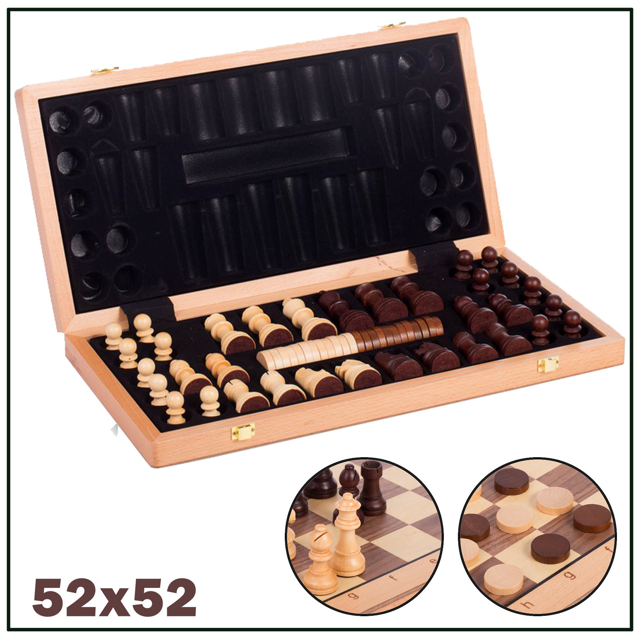 

Шахматы классические из дерева + шашки 2 в 1 52см x 52см 544787