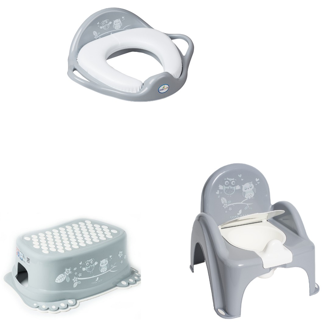 

Горшок-стульчик, накладка на унитаз мягкая, подставка для ног антискользящая .Комплект 3 единицы "Совы" Серый Tega Baby