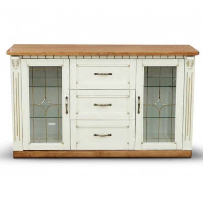 

Комод витрина в гостиную дерево + ДСП + стекло с витражами Фридом 1510*485*870 Слоновая кость / орех /патина золото Mix Mebli