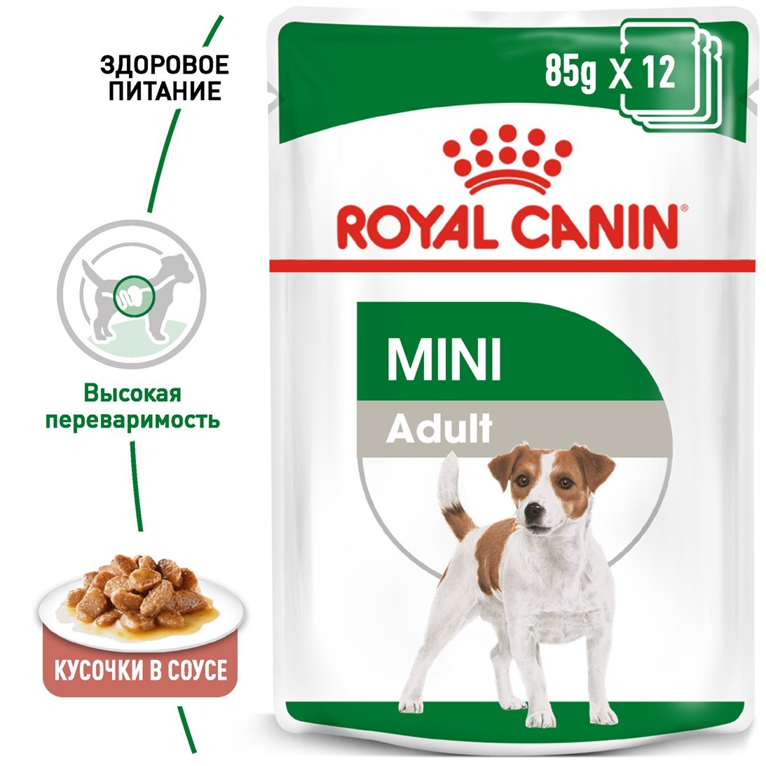 

Royal Canin Mini Adult кусочки в соусе Влажный корм для взрослых собак мелких размеров весом взрослой собаки до 10 кг в возрасте от 10 месяцев до 12 лет Блок паучей 12 штук по 85 г