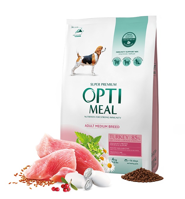 

Полнорационный сухой корм для собак средних пород с мясом индейки Opti Meal 4 кг