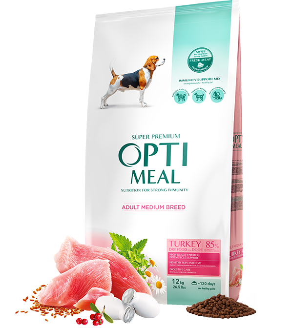

Сухой корм для взрослых собак средних пород с мясом индейки OptiMeal 12 кг