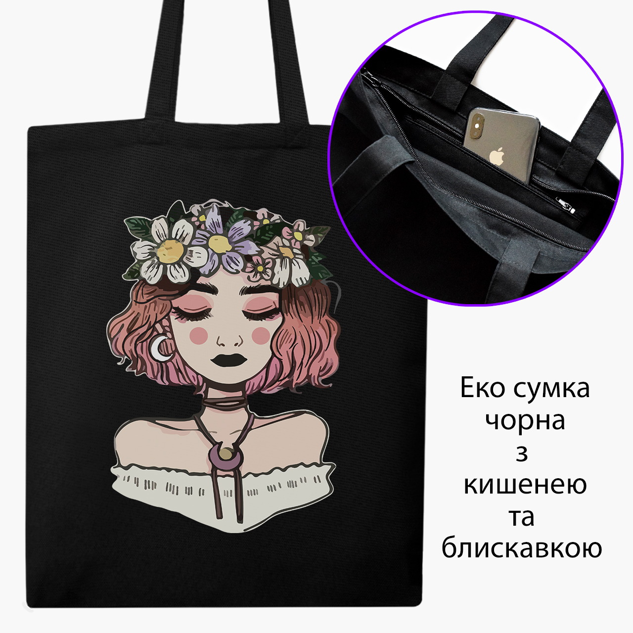

Эко сумка шоппер на молнии Девушка с цветами (9227-2841) 41x35 см Черный
